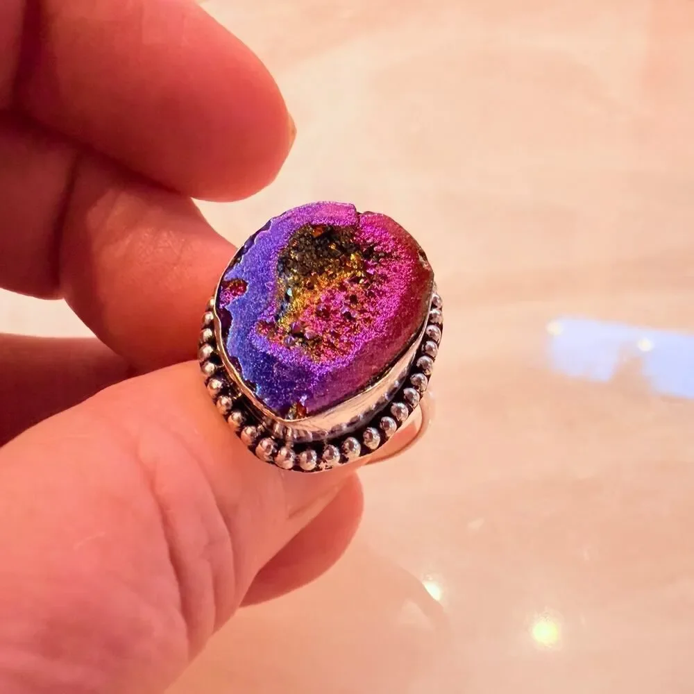 Rainbow Titanium Druzy 925 Silver Plated Ring Size 10